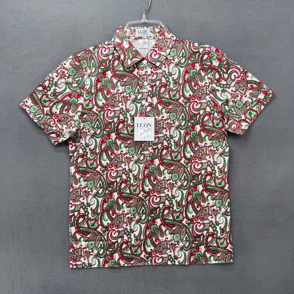 Leon Levin Polo Shirt Womens Small Paisley Cotton Short Sleeve Red Green Preppy